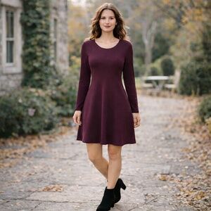 BCX Burgundy Stretch Knit Scoop‎ Neck Fit & Flare Dress M Quiet Luxury–Inspired